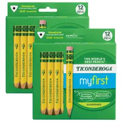 My First&reg; Short Wooden Pencils, Large Triangle Barrel, Sharpened, #2 HB Soft, With Eraser, Yellow, 12 Per Pack, 2 Packs