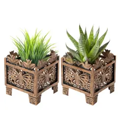 Set of 2 Outdoor Living Butterfly Square Plant Stands, Decorative Flower Planting Pots, Antique Bronze Finish, Garden Patio Decor