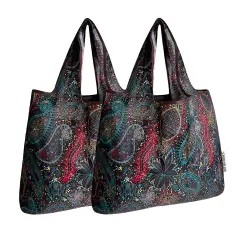 Wrapables Foldable Tote Nylon Reusable Grocery Bag (Set of 2), Cosmic Paisley