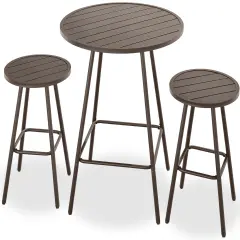 Best Choice Products 3-Piece Steel Patio Bar Height Round Bistro Set w/ Backless Stools, Slatted Design Taupe
