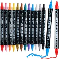 12 Colors Waterproof Dual Tip Acrylic Paint Pens, Dot & Fine Tip Premium Coloring Drawing Markers Set for Wood, Rock Painting, Canvas, Glass, Ceramic Surfaces and DIY Crafts Making Art Supplies