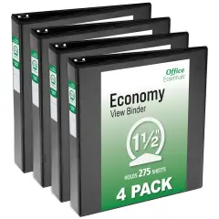 Office Essentials Economy View 3 Ring Binders, 1.5" Round Rings, 2.1" Spine, 275-Sheet Capacity, Black Binders (4-Pack of 03129)