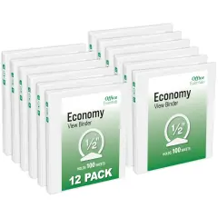 Office Essentials Economy View 3 Ring Binders, 0.5" Round Rings, 0.7" Spine, 100-Sheet Capacity, White Binders (12-Pack of 03422)