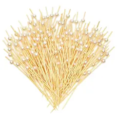 150 Pack White Pearl Toothpicks for Food, Decorative Bamboo Cocktail Picks for Appetizers (4.7 in) Brown