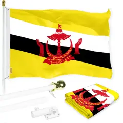 G128 Combo Pack: 6 Ft Tangle Free Aluminum Spinning Flagpole (White) & Brunei Bruneian Flag 3x5 Ft, LiteWeave Pro Series Printed 150D Polyester | Pole with Flag Included