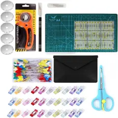 Rotary Cutter Set 45mm Fabric Cutter Wheel Kit 96 PCS Quilting Kits for Beginners A4 Cutting Mat Acrylic Ruler Carving Knife Craft Clips Bags Full Tools for Crafting Sewing Patchworking