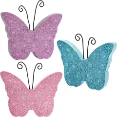 Butterfly Spring Decorations for Home, Wooden Butterflies Blocks Tiered Tray Decoration Set, Pink Blue Spring Table Top Decor for Office Party Shelf Door (Glitter 3PCS)