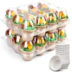 Cupcake Containers 12 Count, 12 Sets, Plastic Dozen Cupcake Boxes, Disposable Cupcake Carrier Holder with Detachable Tall Dome Lid, BPA Free, Standard Size