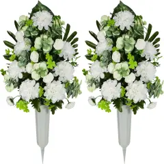 Artificial Cemetery Flowers, Bulbous Chrysanthemum Flowers Greenery Bouquet for Grave Decoration, Set of 2 Spring Memorial Flowers with Vase (White)