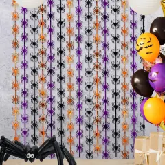 2 Pack Orange Purple and Black Spider Tinsel Foil Fringe Curtains()Orange Purple Black