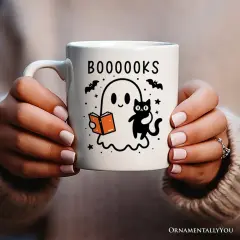 Boooooks and Purrs, Halloween Mug, Cute Books and Cats Lover Ghost Gift