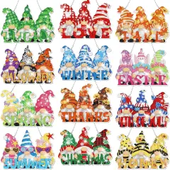 12 Pcs Seasonal Gnome Diamond Art Wreath Kits Diamond Art Gnomes Hanging Signs 5d DIY Gnome Ornaments