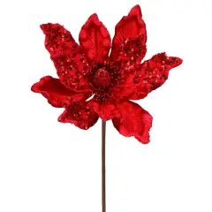 24" Red Velvet Sheen Sequin Magnolia Stem - Elegant Christmas Floral Decoration