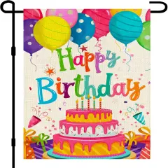 Happy Birthday Garden Flags 12x18 Double Sided Burlap, Colorful Balloon Cake Toppers Personalized Banner Farmhouse Yard Sign Birthday Party Outdoor Decorations