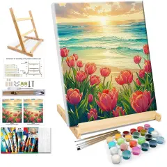 Paint by Numbers Kit for Adults with Frame, Seaside Sunset Paint by Number with Easel, DIY Tulip Paint by Number Kits Framed Canvas for Home Wall Decor