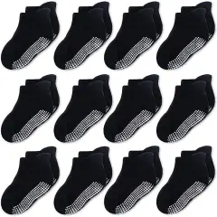 CozyWay Baby Socks With Grippers - Non Slip Ankle Grip Socks for Girls Boys Babies Infants - Soft Comfy Cotton - For Ages 1-11 Months - Unisex Black - 12 Pack
