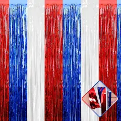 4 Pack 3.2Ft x 8.2Ft Independence Day Foil Fringe Curtain Backdrop, Red Blue White Metallic Tinsel Foil Fringe Streamers Curtains Background for Photo Booth, Birthday, Wedding, Party Decoration