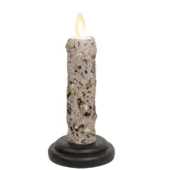 LED Silicone Dipped Grey Taper Candle Rustic Wood Base Battery Powered Timer and Remote Use
