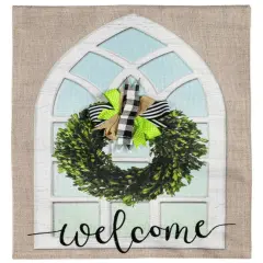 Farmhouse Window and Wreath Garden Flag 2 Sided Burlap Welcome