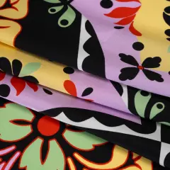 1 Yard Black, Lavenderm & Pale Yellow Floral Tiles Silk Charmeuse Print, 53 Inches Width