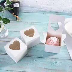 25 Pack 3" Mini Single Favor White Cupcake Boxes with Heart Shape Window without Handle,Small Cupcake Box Carrier Individual Containers 3X3X3inch