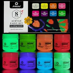 Set of 8 Colors Glow in the Dark Paint - , 20 ml / 0.7 oz Acrylic Paint for Decoration, Art Painting, Outdoor and Indoor Art Craft, Supplies for Canvas, Rock, Wood, Waterproof, Rich Pigments for Adults, Students, Kids