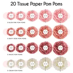 20 Piece Tissue Paper Pom Poms | Blush Pink, Dusty Rose, Mauve & Cream | Colorful Paper Flower Wall Decorations for Bridal Showers, Baby Showers, Weddings, Graduations, Tea Parties & More