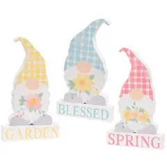 Spring Blessings Wooden Word Blocks & Floral Gnome Figurines - 3 Asstd