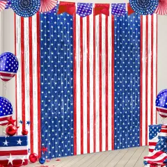 Patriotic America Tinsel Foil Fringe Curtains - 2 Pack Red, White & Blue Independence Day Memorial Day Veteran Party Photo Booth Decorations
