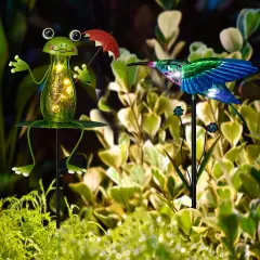 Set of 2 36"H/39"H Solar Hummingbird & Frog Yardstakes
