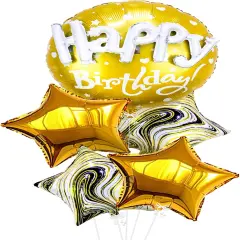 Gold Happy Birthday Balloon Set - 23 Inch, Big, Pack of 5 | Happy Birthday Mylar Balloons, Golden Birthday Balloons | Gold Star Balloons, Gold Foil Balloons | Black And Gold Party Decorations
