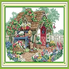 14CT Counted Cross Stitch Kits for Adults,DMC Threads Unprinted Pattern Embroidery Kit Needlework-Flower Cabin