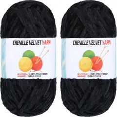 2 * 100g Velvet Chenille Chunky Yarn, Handcrafts Weaving Soft Chenille Yarn for Crocheting Clearance, Used for Making Baby Yarn Blanket, Clothes, Knitting Creations (Black)