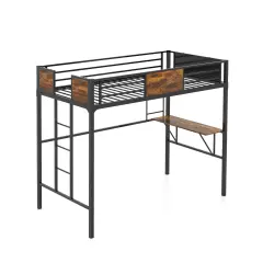 Rustic Brown Metal Twin Size Loft Bed with Desk, Shelf, Ladder and Safety Guardrail
