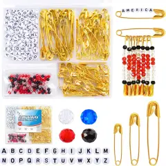 150Pcs Gold Safety Pins 3 Different Sizes, a Total of 300pcs DIY Colored Beads and 78pcs Letter Beads