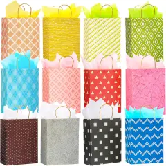 12 Pack 13" Large Kraft Paper Gift Bags Assortment with Tissue Paper & Handles
