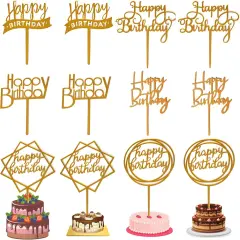 12 Pack Multi Styles Birthday Cake Topper Set, Acrylic Cake Bunting Decor Birthday Cake Picks Party Decorations Supplies(Gold)