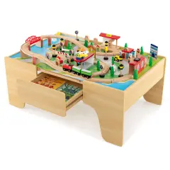 Natural Wood and MDF Train Set Table with Reversible Top and Storage Drawer