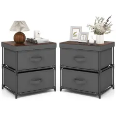 Black Metal 2 Drawer Nightstand with Fabric Storage and Tool Free Assembly