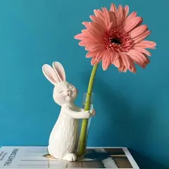 Easter Rabbit Figure Flower Vase, Sculpted Hand-Painted Resin Figurine Statue, Inner Peace Home Decor House Warming Birthday Friendship Figurines Gifts - Pearl White