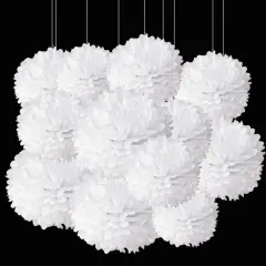 12pcs White Paper Pom Poms Decorations for Party Ceiling Wall Hanging Tissue Flowers Decorations - 1 Color of 12 Inch, 10 Inch