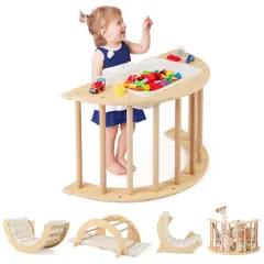 Wooden 6-in-1 Kids Climbing Arch Playset with Cushion, Storage Bin and Safety Features Natural