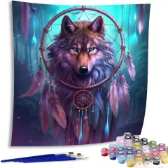 Paint by Numbers for Adults Wolf, DIY Oil Painting Dreamcatcher Acrylic Paint by Number Kits for Kids Adults Beginner for Home Wall Decor 20x20 inch