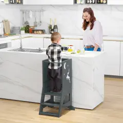 3 in 1 Multi-functional Design Kids Kitchen Standing Stool Tower with Chalkboard and Whiteboard Gray