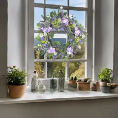 21 Inch Spring Wreath for Front Door,Artificial Summer Wreath with Lavender Hydrangeas and Greenery Leaves,Purple Flower Wreath for Home Wall Window Farmhouse Party Holiday Decor
