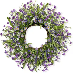 22 Inches Spring Door Wreath Farmhouse Spring Floral Wreaths for Front Door Blue Purple Flower Wreath with Daisy Lavender for Window Front Porch Indoor Outside Decoration