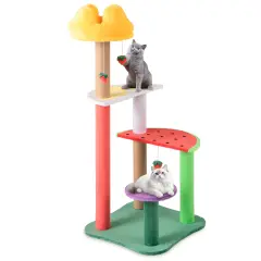 Multi-Color Plush Cat Tree with Scratching Posts and Fruit-Themed Perches