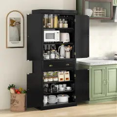 Freestanding Tall Kitchen Cabinet with 3-Position Adjustable Shelves and Large Capacity Drawer Black