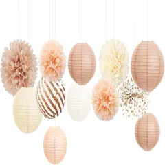Wedding Party Decorations, 12 PCS Creamy White Tissue Paper Pom Poms and Lanterns Set, Champagne Paper Flowers for Engagement Receptions, Boho Bridal Showers Party Supplies