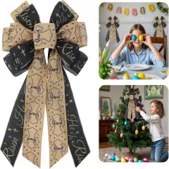Large Easter Bow for Wreath, He is Risen Religion Christian Cross Wreath Bow for Front Door Indoor Outdoor Wall Tree Topper Decoration Party Supplies Hanging Ornament